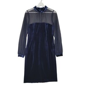 Eliza J Velvet Sheath Dress Womens Size 8 Navy Blue Polka Dot Mesh Mock Neck